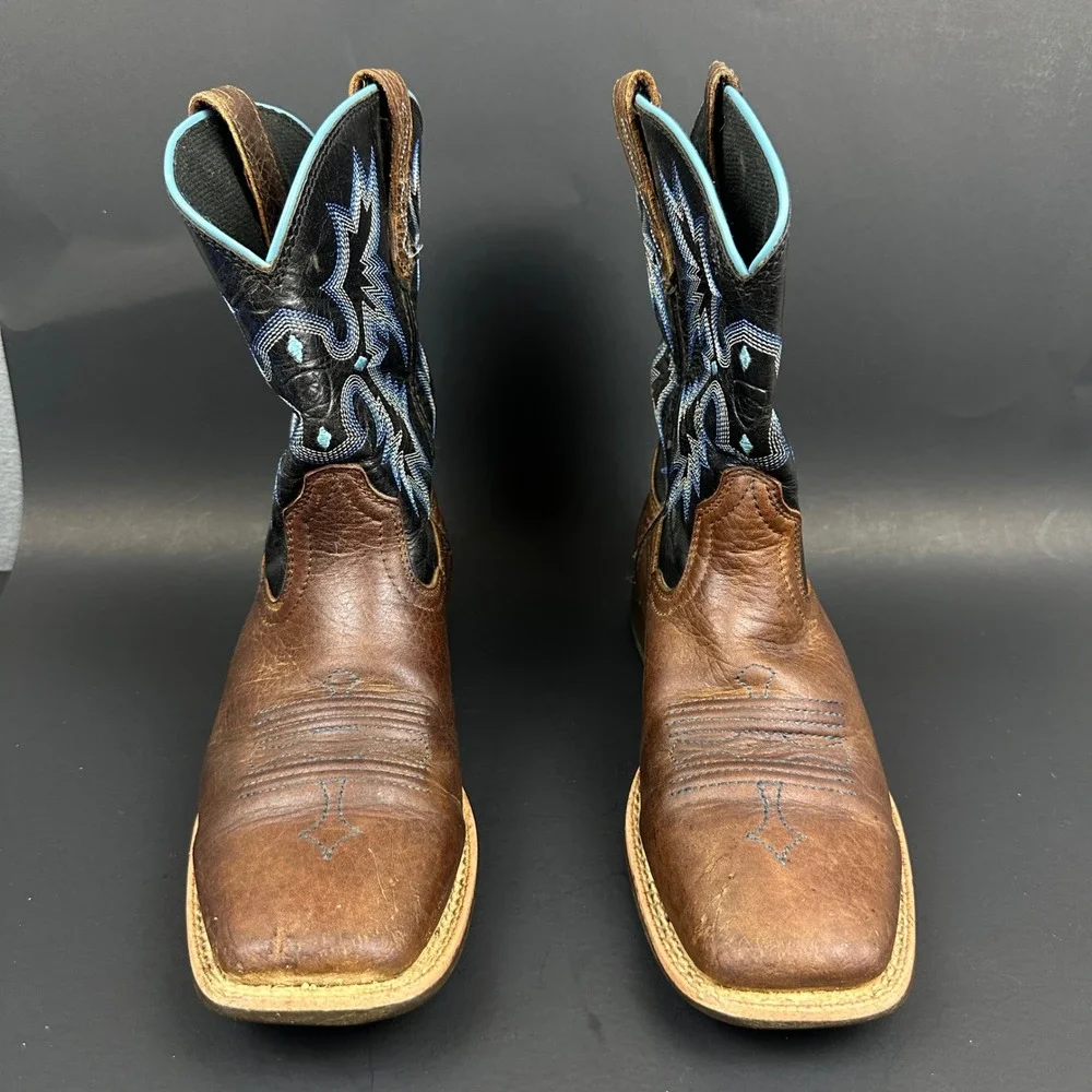 Ariat Brown Black Leather Western Boots Square Toe Blue Stitching Kids Size 4